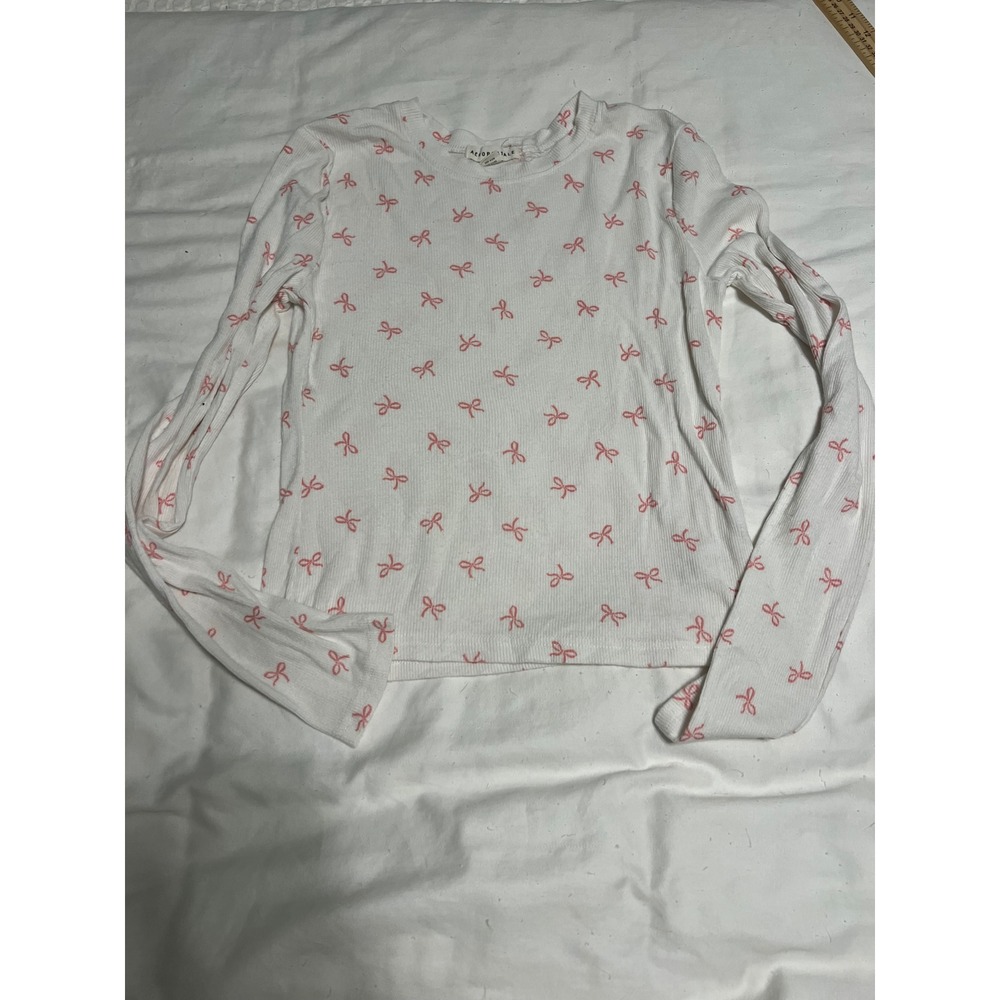 Aeropostale Womens White Pink Bow Print Ribbed Long Sleeve Top Coquette Medium